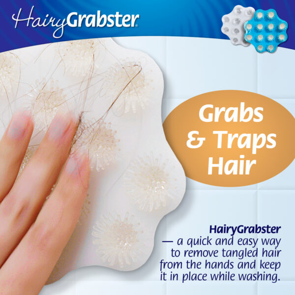 Hairygrabster grabs and traps hair quick and easy, removing tangled hair from your hands after washing.